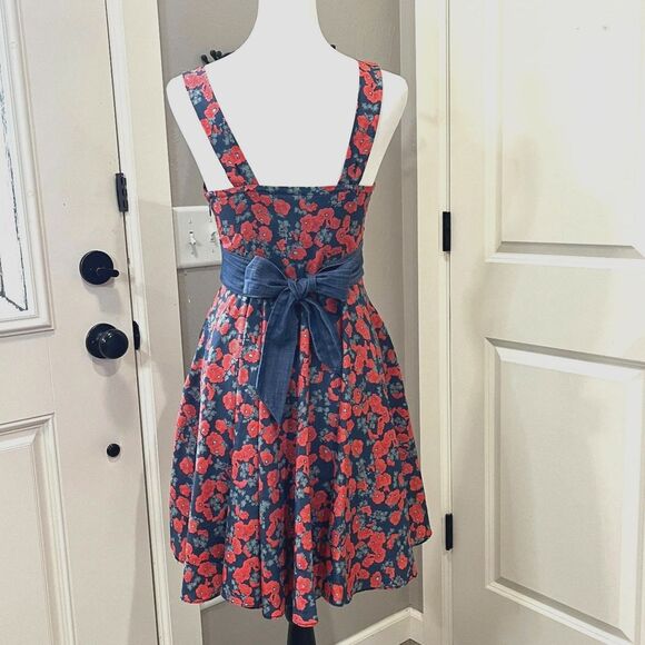 Coconinno Red Floral Fit & Flare Dress with Denim Waist Tie – Size XS - Picture 3 of 11
